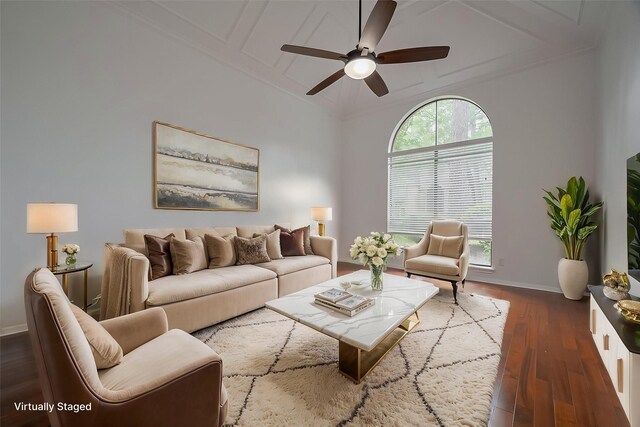 9411 Fenchurch Dr, Spring, TX 77379 - living area featuring a ceiling fan, dark wood-style floors, and crown molding