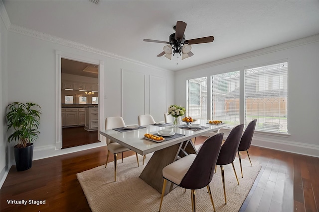 9411 Fenchurch Dr, Spring, TX 77379 - dining room with crown molding, dark wood finished floors, and a ceiling fan