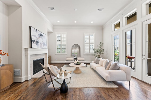1705 Upland Lks, Houston, TX 77043 - living room with crown molding, a fireplace, dark wood-style floors, and recessed lighting