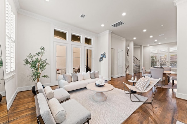 1705 Upland Lks, Houston, TX 77043 - living room featuring recessed lighting, stairway, wood finished floors, and ornamental molding