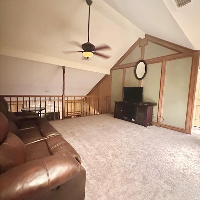 12006 Mill Trail Ln, Houston, TX 77070 - carpeted living room with a ceiling fan and vaulted ceiling