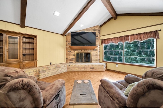 13202 N Decker Dr, Magnolia, TX 77355 - living room with wood finished floors, a fireplace, and wood walls
