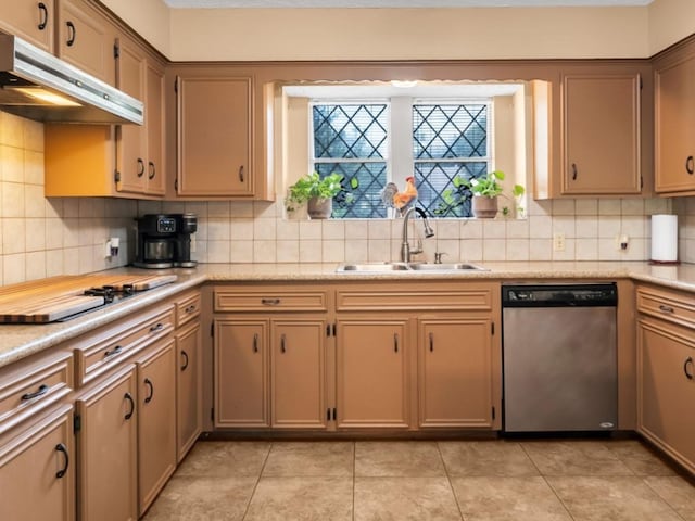 13202 N Decker Dr, Magnolia, TX 77355 - kitchen with dishwasher, under cabinet range hood, cooktop, light countertops, and tasteful backsplash