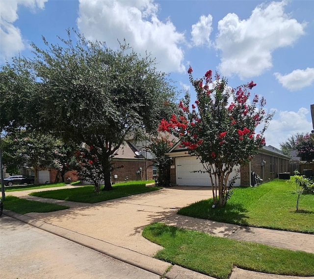 15506 Fir Woods Ln, Cypress, TX 77429 - view of property hidden behind natural elements with brick siding, concrete driveway, an attached garage, and a front yard