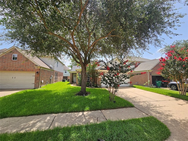 15506 Fir Woods Ln, Cypress, TX 77429 - obstructed view of property with brick siding, a front lawn, a garage, and concrete driveway