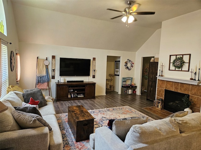 15506 Fir Woods Ln, Cypress, TX 77429 - living area featuring a ceiling fan, high vaulted ceiling, dark wood-style floors, and a fireplace