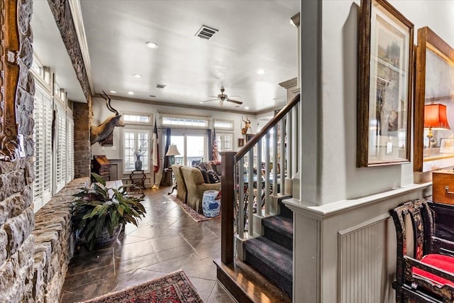 3039 Bayshore Dr, Bacliff, TX 77518 - stairway with ceiling fan, recessed lighting, crown molding, and tile patterned floors