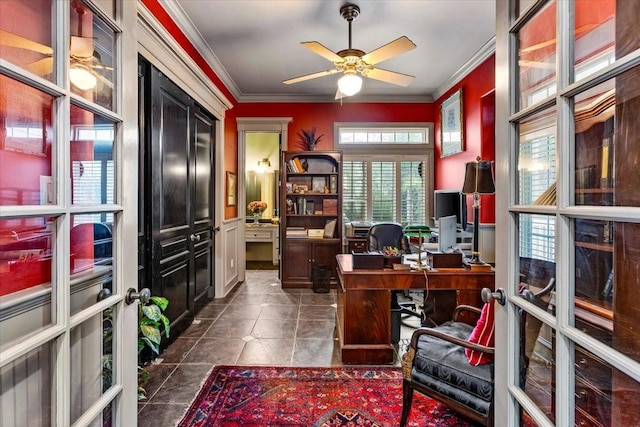 3039 Bayshore Dr, Bacliff, TX 77518 - office with crown molding, ceiling fan, and dark tile patterned floors