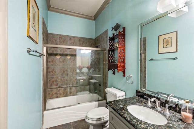3039 Bayshore Dr, Bacliff, TX 77518 - bathroom featuring ornamental molding, vanity, and enclosed tub / shower combo