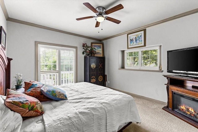 3039 Bayshore Dr, Bacliff, TX 77518 - bedroom with a glass covered fireplace, crown molding, carpet, and a ceiling fan