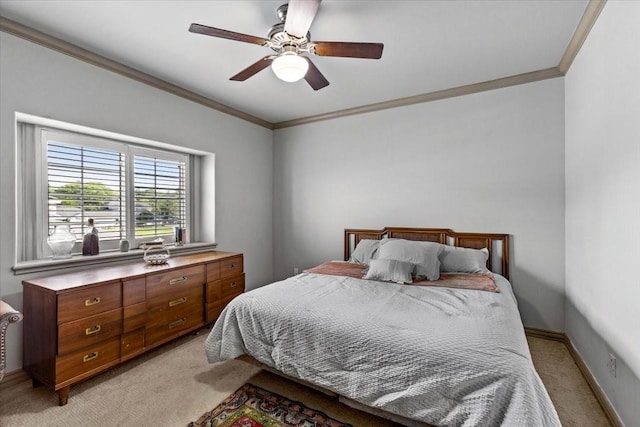 3039 Bayshore Dr, Bacliff, TX 77518 - bedroom featuring light colored carpet, crown molding, and ceiling fan