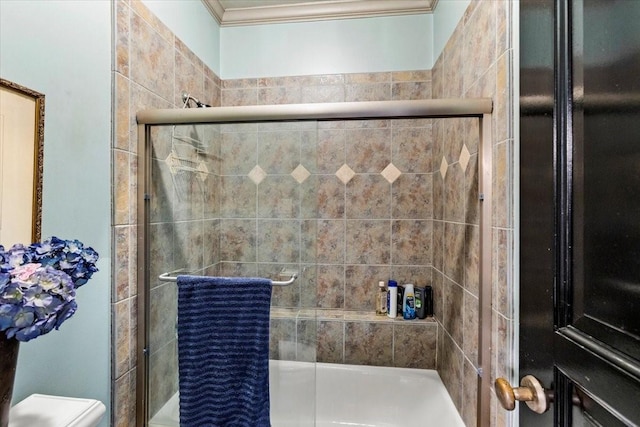 3039 Bayshore Dr, Bacliff, TX 77518 - bathroom with crown molding and bath / shower combo with glass door