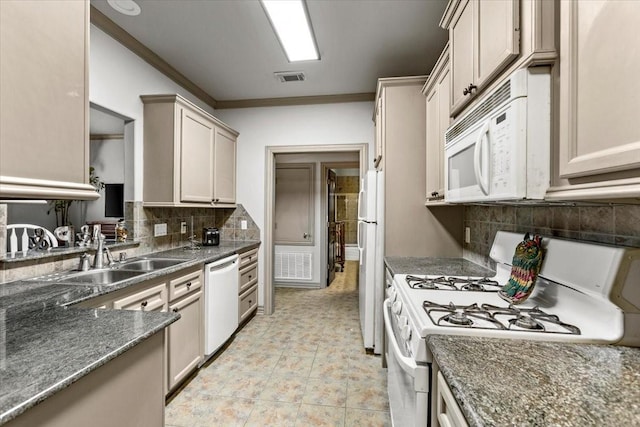 3039 Bayshore Dr, Bacliff, TX 77518 - kitchen featuring white appliances, decorative backsplash, and crown molding