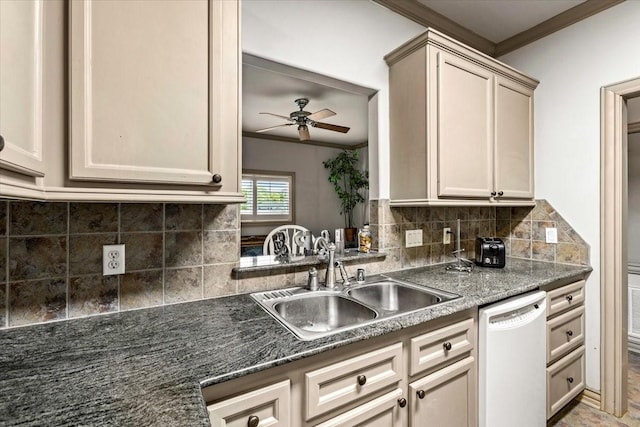 3039 Bayshore Dr, Bacliff, TX 77518 - kitchen featuring dishwasher, ornamental molding, a ceiling fan, backsplash, and dark countertops