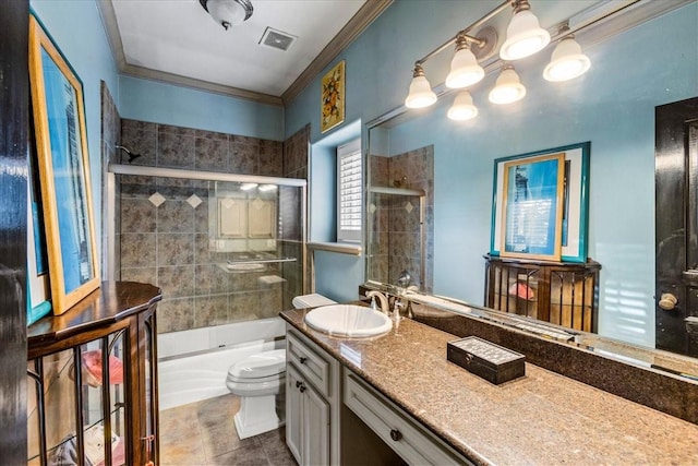 3039 Bayshore Dr, Bacliff, TX 77518 - bathroom with vanity, shower / bath combination with glass door, and ornamental molding