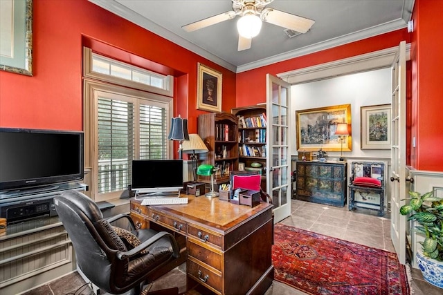 3039 Bayshore Dr, Bacliff, TX 77518 - tiled office featuring crown molding and a ceiling fan