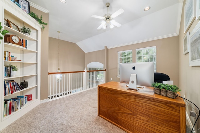 1915 Stormcroft Cir, Katy, TX 77450 - carpeted office with a ceiling fan, lofted ceiling, and recessed lighting