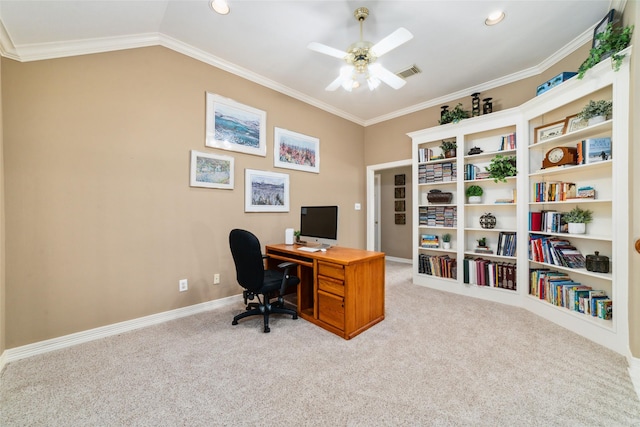 1915 Stormcroft Cir, Katy, TX 77450 - carpeted home office with a ceiling fan, crown molding, and vaulted ceiling