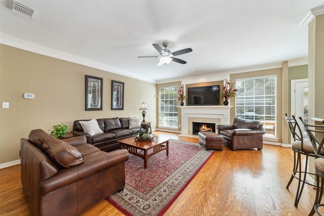 1915 Stormcroft Cir, Katy, TX 77450 - living room featuring a ceiling fan, light wood-style floors, a fireplace with flush hearth, and ornamental molding