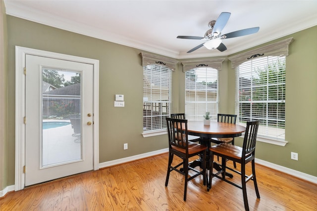 1915 Stormcroft Cir, Katy, TX 77450 - dining room with ornamental molding, light wood-type flooring, healthy amount of natural light, and a ceiling fan