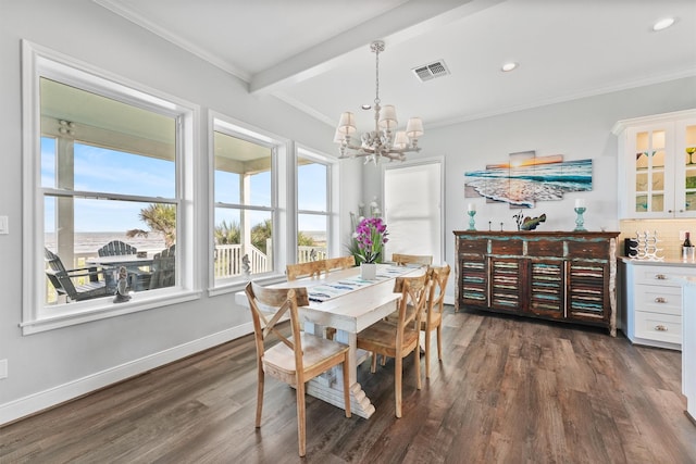 19623 Shores Dr, Galveston, TX 77554 - dining space with a chandelier, dark wood-type flooring, beamed ceiling, recessed lighting, and ornamental molding
