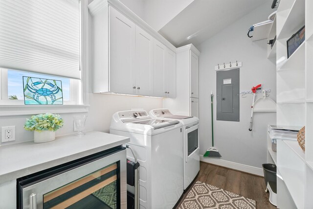 19623 Shores Dr, Galveston, TX 77554 - laundry area with electric panel, cabinet space, separate washer and dryer, beverage cooler, and dark wood-style floors
