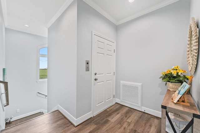 19623 Shores Dr, Galveston, TX 77554 - entrance foyer with ornamental molding, wood finished floors, and recessed lighting