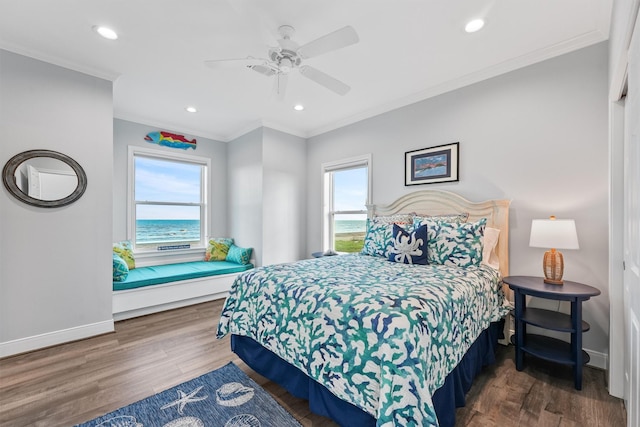 19623 Shores Dr, Galveston, TX 77554 - bedroom with crown molding, wood finished floors, recessed lighting, and a ceiling fan