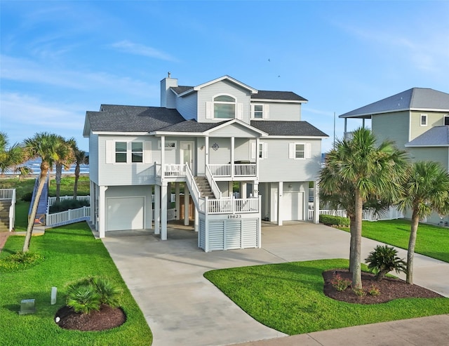 19623 Shores Dr, Galveston, TX 77554 - coastal inspired home with an attached garage, concrete driveway, a carport, a porch, and stairs
