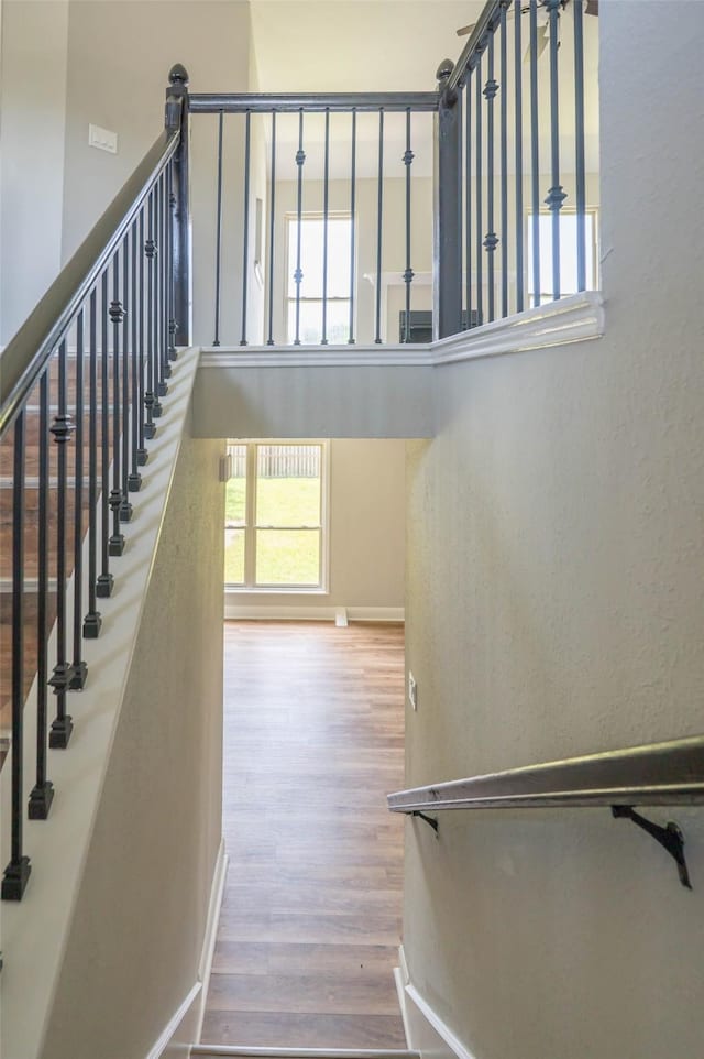 238 Almond Dr, Lake Jackson, TX 77566 - stairs featuring wood finished floors and a towering ceiling