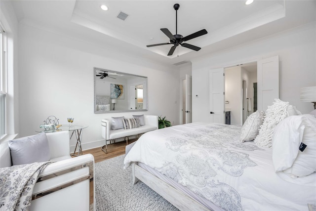 3314 Arbor St, Houston, TX 77004 - bedroom with a raised ceiling, recessed lighting, wood finished floors, and a ceiling fan