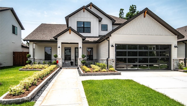 3314 Arbor St, Houston, TX 77004 - modern farmhouse style home with a garage, a shingled roof, a front yard, concrete driveway, and board and batten siding
