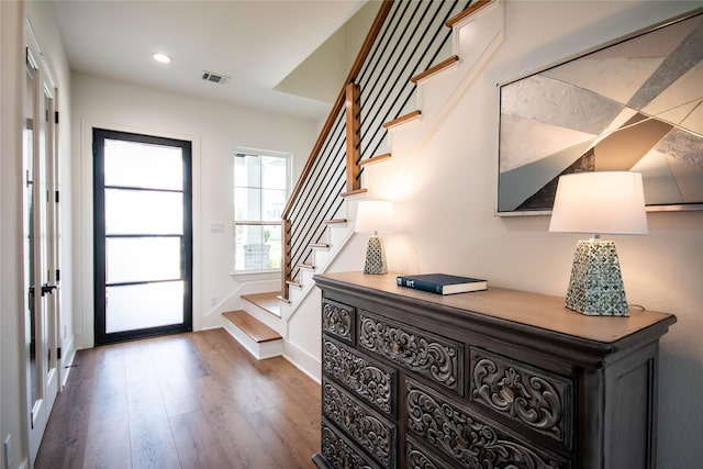 3314 Arbor St, Houston, TX 77004 - entryway with wood finished floors, stairs, and recessed lighting