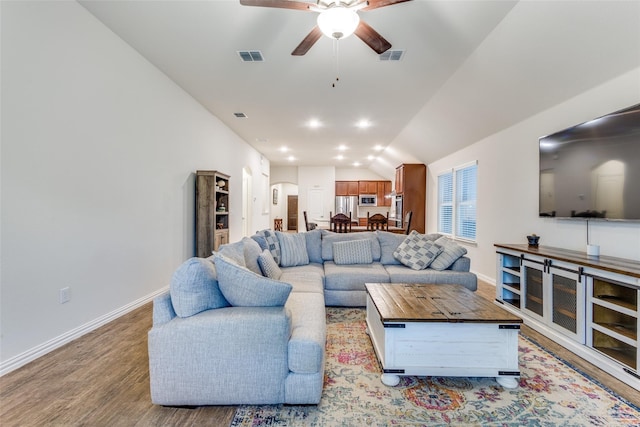 2821 Redbud Ln, Melissa, TX 75454 - living area with lofted ceiling, a ceiling fan, and light wood-type flooring