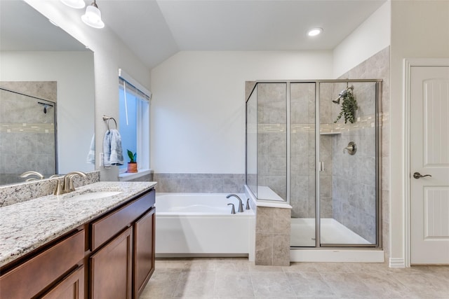 2821 Redbud Ln, Melissa, TX 75454 - full bathroom with vanity, a shower stall, a garden tub, tile patterned flooring, and lofted ceiling