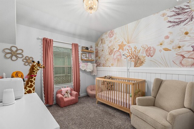 5311 Latigo Ct, Alvin, TX 77511 - carpeted bedroom featuring a crib, lofted ceiling, and a wainscoted wall