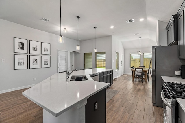 5311 Latigo Ct, Alvin, TX 77511 - kitchen featuring stainless steel appliances, a large island, wood finished floors, lofted ceiling, and arched walkways