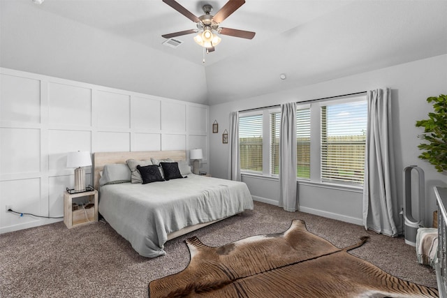 5311 Latigo Ct, Alvin, TX 77511 - bedroom with carpet floors, vaulted ceiling, a ceiling fan, and a decorative wall