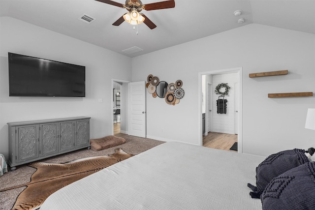 5311 Latigo Ct, Alvin, TX 77511 - bedroom featuring carpet, vaulted ceiling, and a ceiling fan