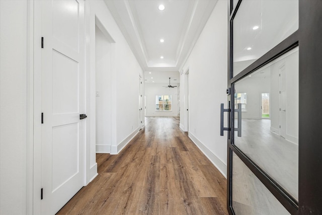 3312 Arbor St, Houston, TX 77004 - hall featuring wood finished floors, recessed lighting, and crown molding