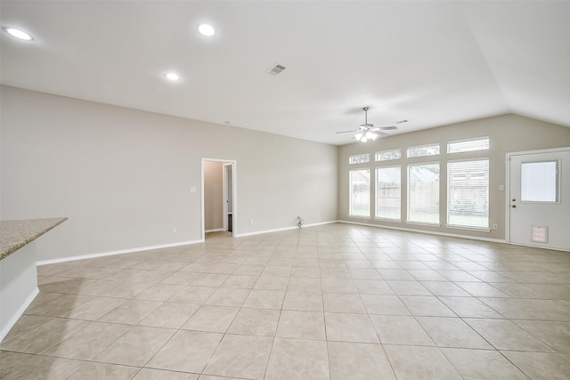 2531 Llano Springs Dr, Katy, TX 77494 - unfurnished living room featuring a ceiling fan, light tile patterned floors, recessed lighting, and vaulted ceiling