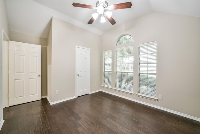 2531 Llano Springs Dr, Katy, TX 77494 - empty room with lofted ceiling, ceiling fan, and dark wood-style flooring