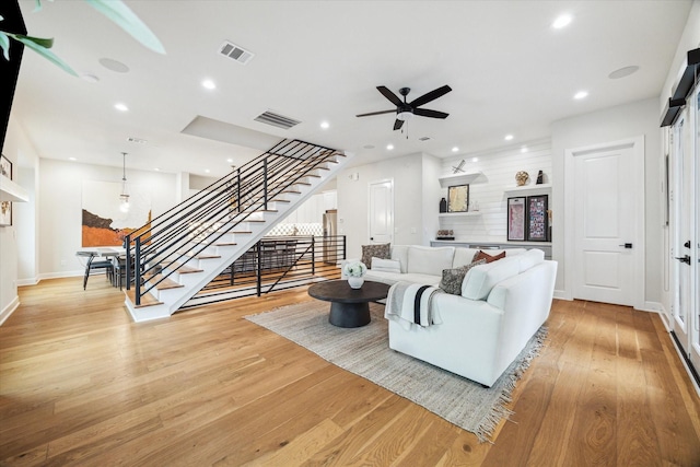 824 Wakefield Dr Unit A, Houston, TX 77018 - living area featuring stairs, ceiling fan, light wood-style flooring, and recessed lighting