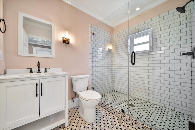 724 E 21st St, Houston, TX 77008 - bathroom featuring a shower stall, crown molding, and vanity