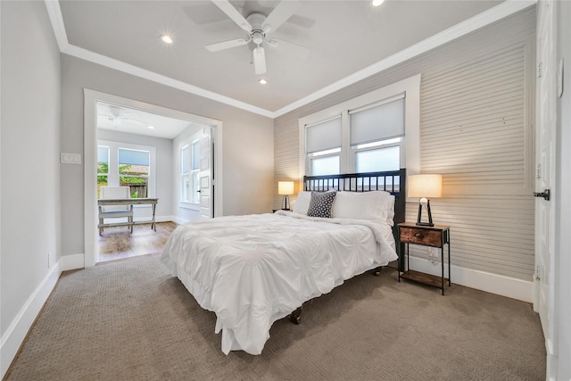 724 E 21st St, Houston, TX 77008 - bedroom with carpet floors, crown molding, recessed lighting, and ceiling fan