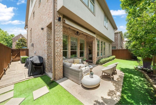 8421 Moritz Grn, Houston, TX 77055 - fenced backyard featuring a patio area, area for grilling, and outdoor lounge area