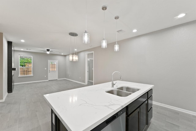 5118 Danfield Dr, Houston, TX 77053 - kitchen featuring a center island with sink, decorative light fixtures, ceiling fan, recessed lighting, and stainless steel dishwasher