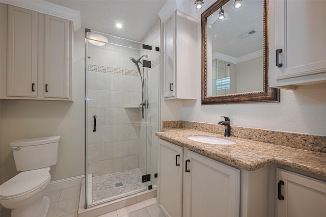 11710 Hillcroft St, Houston, TX 77035 - bathroom with vanity, a stall shower, tile patterned flooring, and recessed lighting