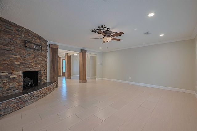 11710 Hillcroft St, Houston, TX 77035 - unfurnished living room featuring a ceiling fan, ornamental molding, recessed lighting, and ornate columns