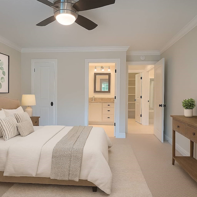 11710 Hillcroft St, Houston, TX 77035 - bedroom featuring crown molding, light colored carpet, ensuite bath, and a ceiling fan